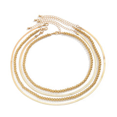Hip hop style bead flat snake chain necklace set, geometric metal chain, collarbone chain