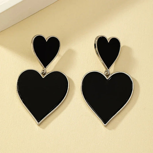 Black Resin Large Metal Heart Dangle Post Earrings For Women