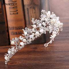 Silver Crystal Bridal Tiara With Pearls Headband Wedding Crown For Brides Marriage Accessories