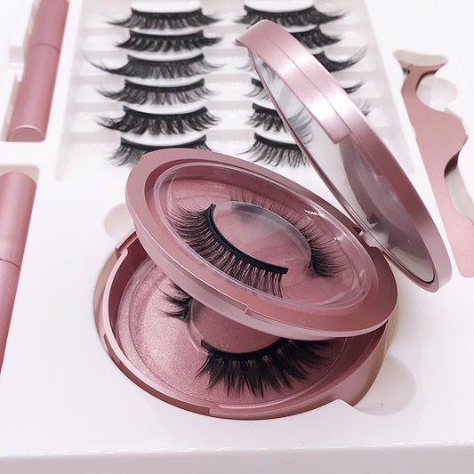 Eight Pairs Of Magnet False Eyelashes With Round Box Mirror Magnetic Iron-Absorbing Stone Eyelashes Magnetic Eyeliner Liquid Eyelashes