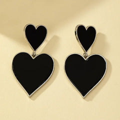 Black Resin Large Metal Heart Dangle Post Earrings For Women