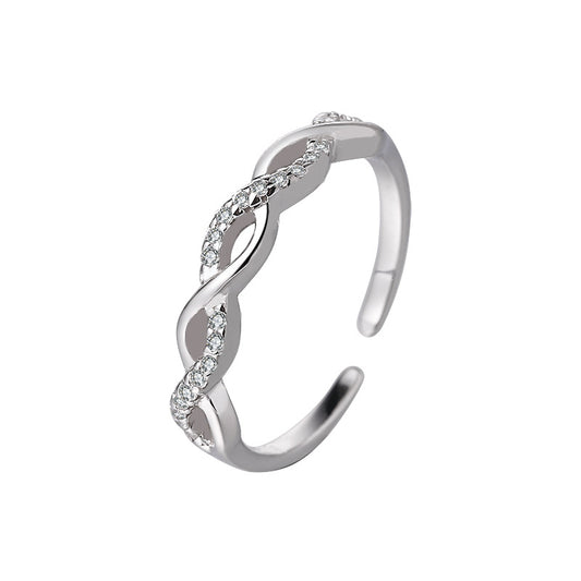 S925 Sterling Silver Micro-Pave Flash Diamond Twisted Rope Ring for Women, Ins-Inspired Korean Style, Unique Design, Hollow Twisted Open Ring