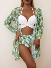 New Swimsuit Sexy Three Piece Printed Bikini Green Leaf Sun Protection Swimsuit
