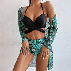 New Swimsuit Sexy Three Piece Printed Bikini Green Leaf Sun Protection Swimsuit