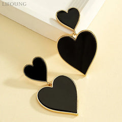 Black Resin Large Metal Heart Dangle Post Earrings For Women
