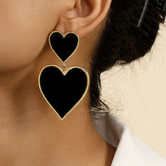 Black Resin Large Metal Heart Dangle Post Earrings For Women