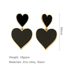 Black Resin Large Metal Heart Dangle Post Earrings For Women
