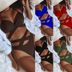 Bikini Solid Color Sexy Female Split Swimsuit High Waist Strap Swimsuit