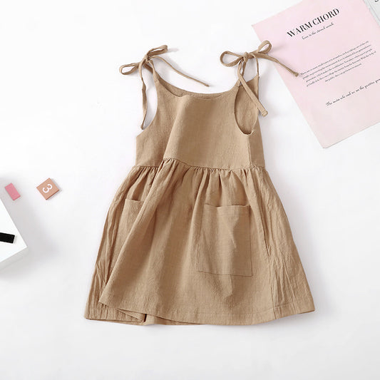 Girls Summer Solid Color Cotton And Linen Dress