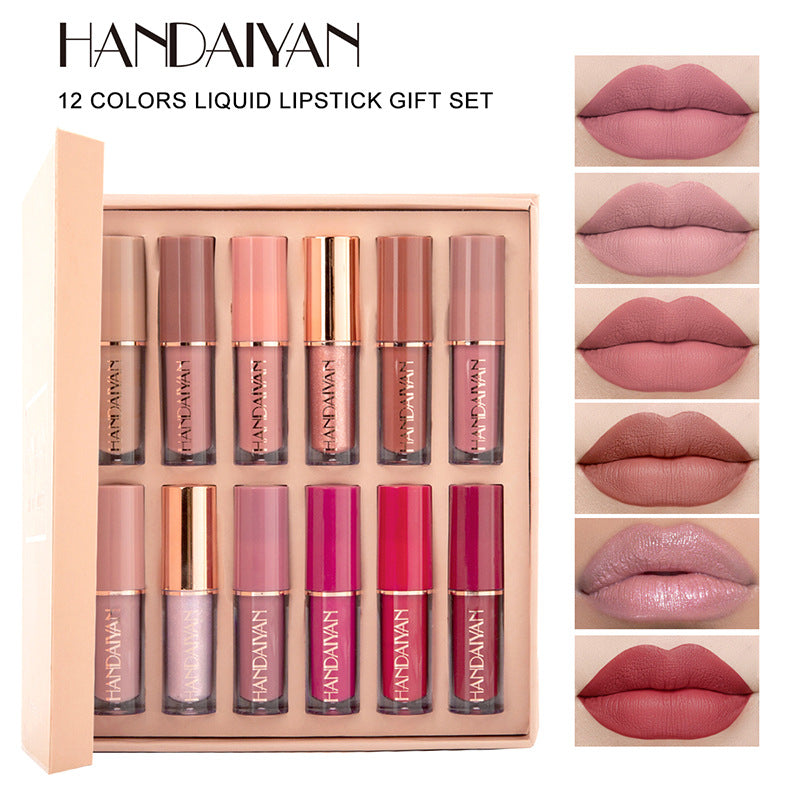 HANDAIYAN 12 Color Lip Gloss Set Liquid Lipstick Set Matte Pearlescent Non-Stick Cup Lip Gloss