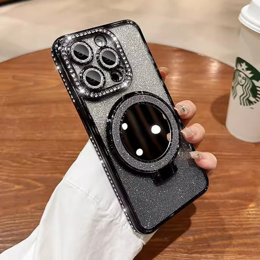 Makeup mirror holder 16E suitable for iPhone 16 Pro phone case 14 glitter magnetic edge diamond Apple 15 protective cover