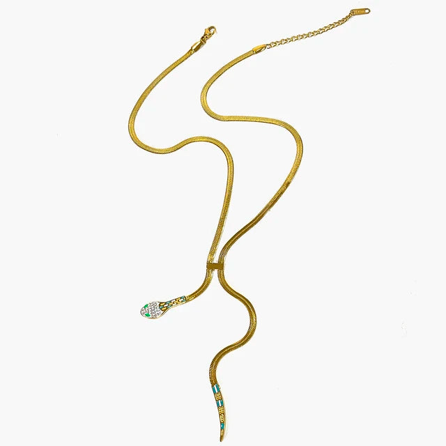 Solid Gold Plated Flat Snake Chain Tassel Necklace