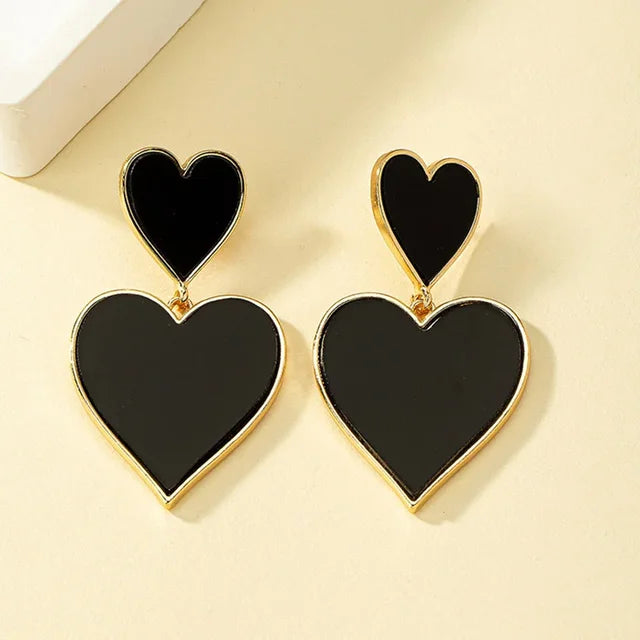 Black Resin Large Metal Heart Dangle Post Earrings For Women