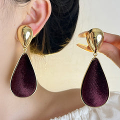 Retro velvet cloth water droplet mirror metal exaggerated earrings