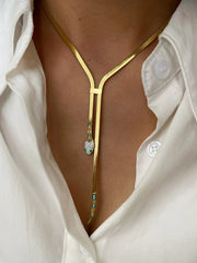 Solid Gold Plated Flat Snake Chain Tassel Necklace