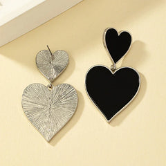 Black Resin Large Metal Heart Dangle Post Earrings For Women